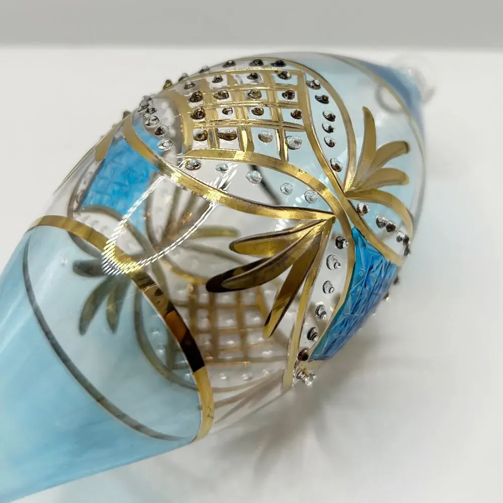 Egyptian Hand Blown Fancy Blue 24K Gold Etched Glass Christmas Ornament EUC